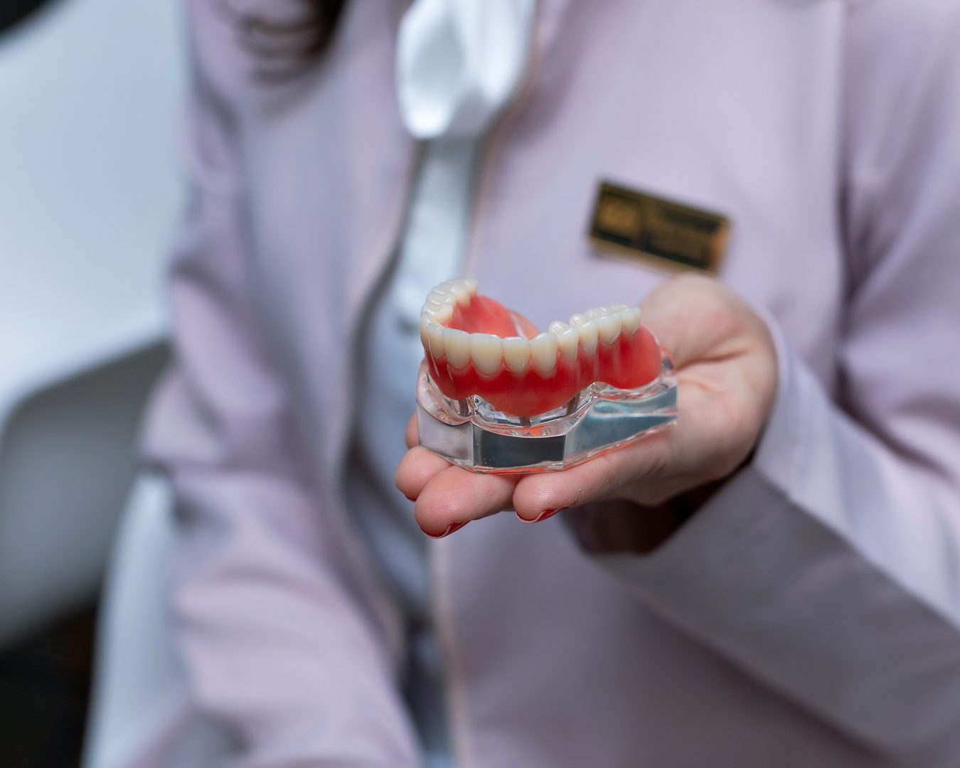Modelo de prótesis dental removible Profesional sostiene en la mano un modelo de prótesis dental removible